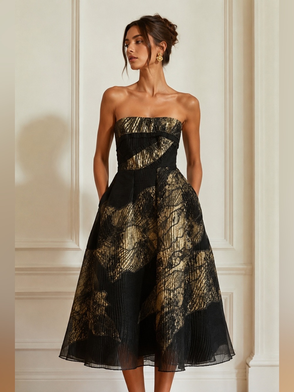 Elie Saab Black and Gold Strapless A-Line Evening Dress